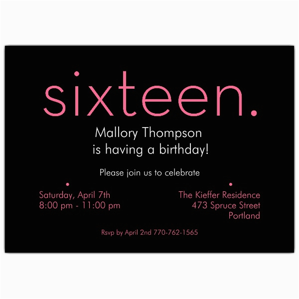 16th Birthday Party Invites Sixteen Pink On Black 16th Birthday Invitations Paperstyle