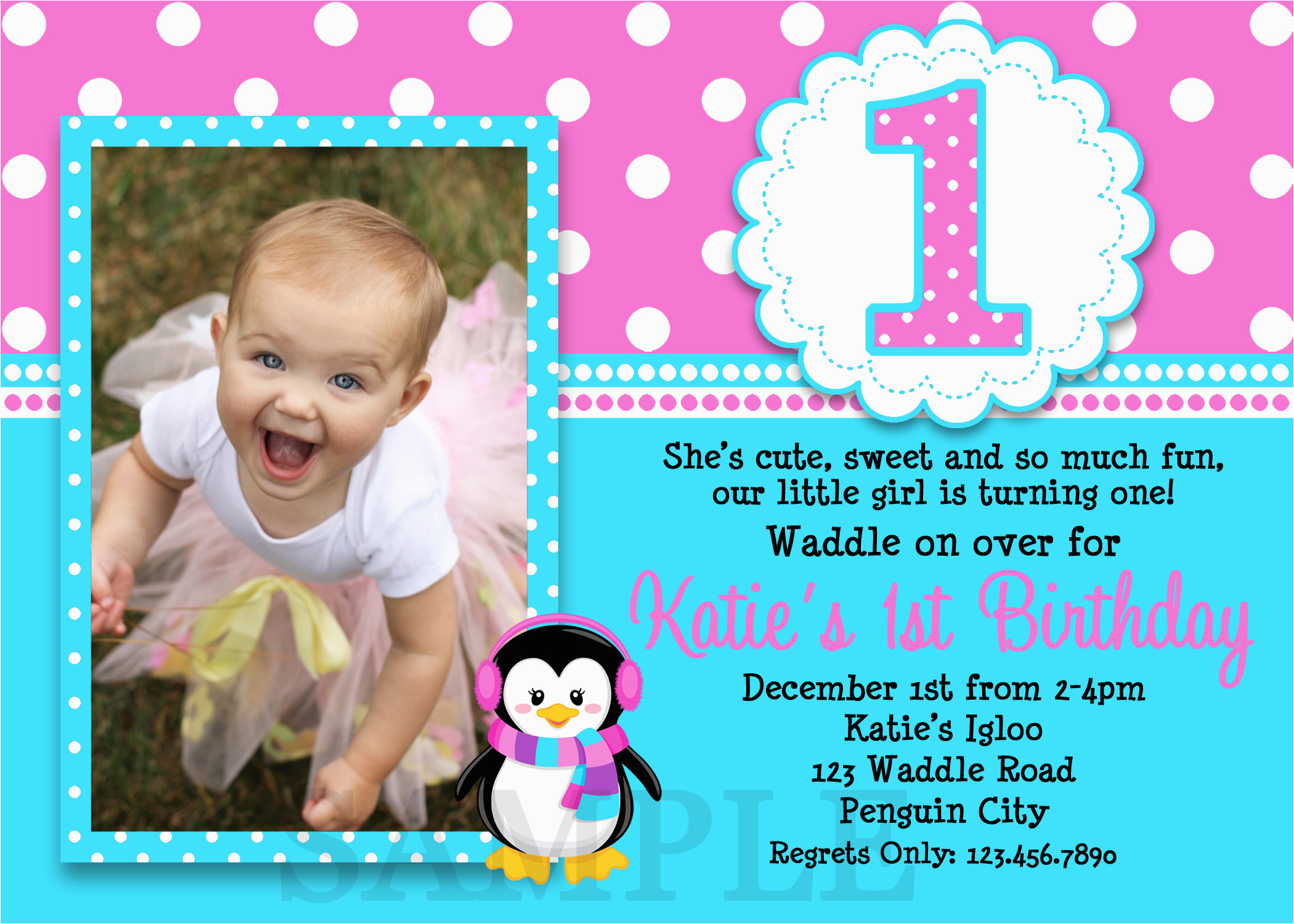 1st Birthday Invitations for Girls Printable Birthday Invitations Girls Penguin Party