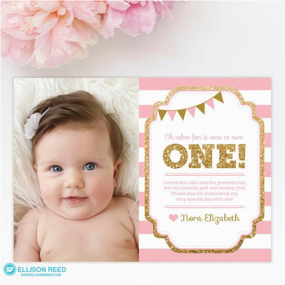 1st Birthday Photo Thank You Cards 1st Birthday Thank You Card 1st Birthday Thank You Note Pink