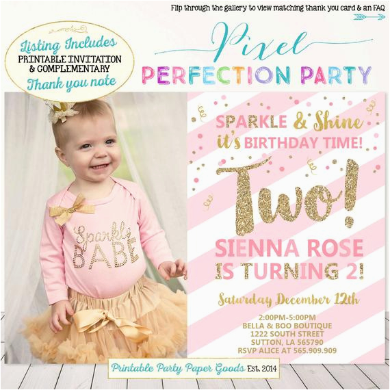 2nd Birthday Party Invitations Girl Girls Second Birthday Invitation Pink and Gold 2nd Birthday