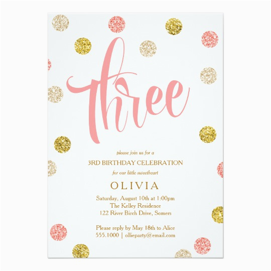 3rd Birthday Invitation Cards Third Birthday Invitation Pink and Gold Card Zazzle Com