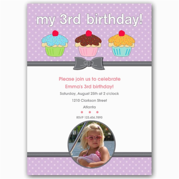 3rd Birthday Invites for Girl Three Cupcakes Girl Third Birthday Invitations Paperstyle