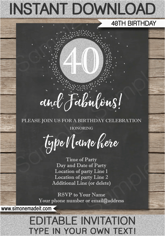 40th Birthday Invite Template Chalkboard 40th Birthday Invitations Template Printable