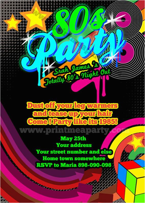 80s theme Birthday Invitations totally 80 39 S Bling and Neon Birthday Party by Printmeaparty 80s theme Birthday Invitations totally 80 39 S Bling and Neon Birthday Party by Printmeaparty