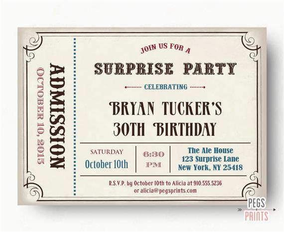 Admit One Birthday Invitations Printable Male Surprise Birthday Invite Surprise Birthday