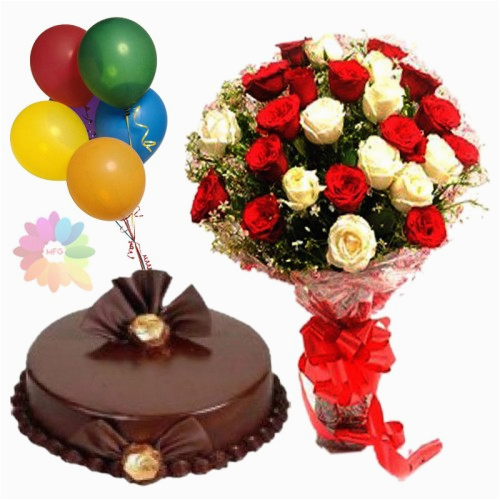 Birthday Flowers and Chocolates Delivered Bunch Of 20 Red and White Roses with 1 Kg Double Chocolate