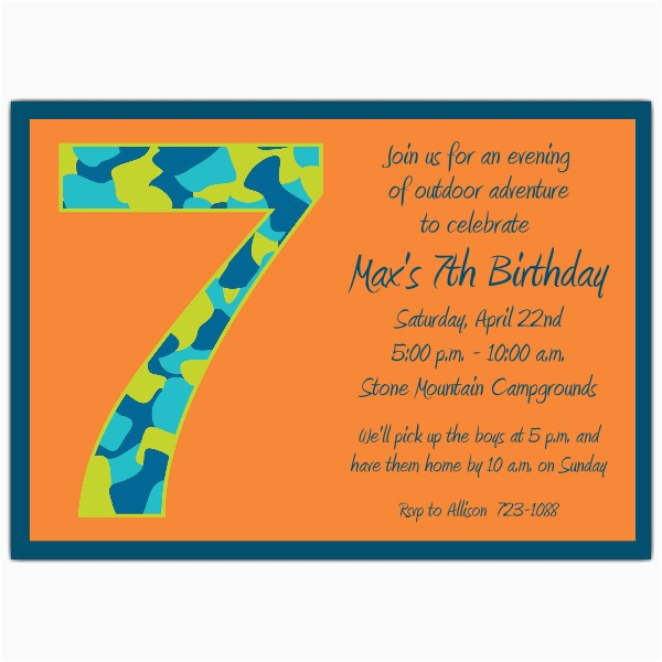 Birthday Invitation Wording for 7 Year Old Boy Birthday Boy Camo 7th Birthday Invitations Paperstyle