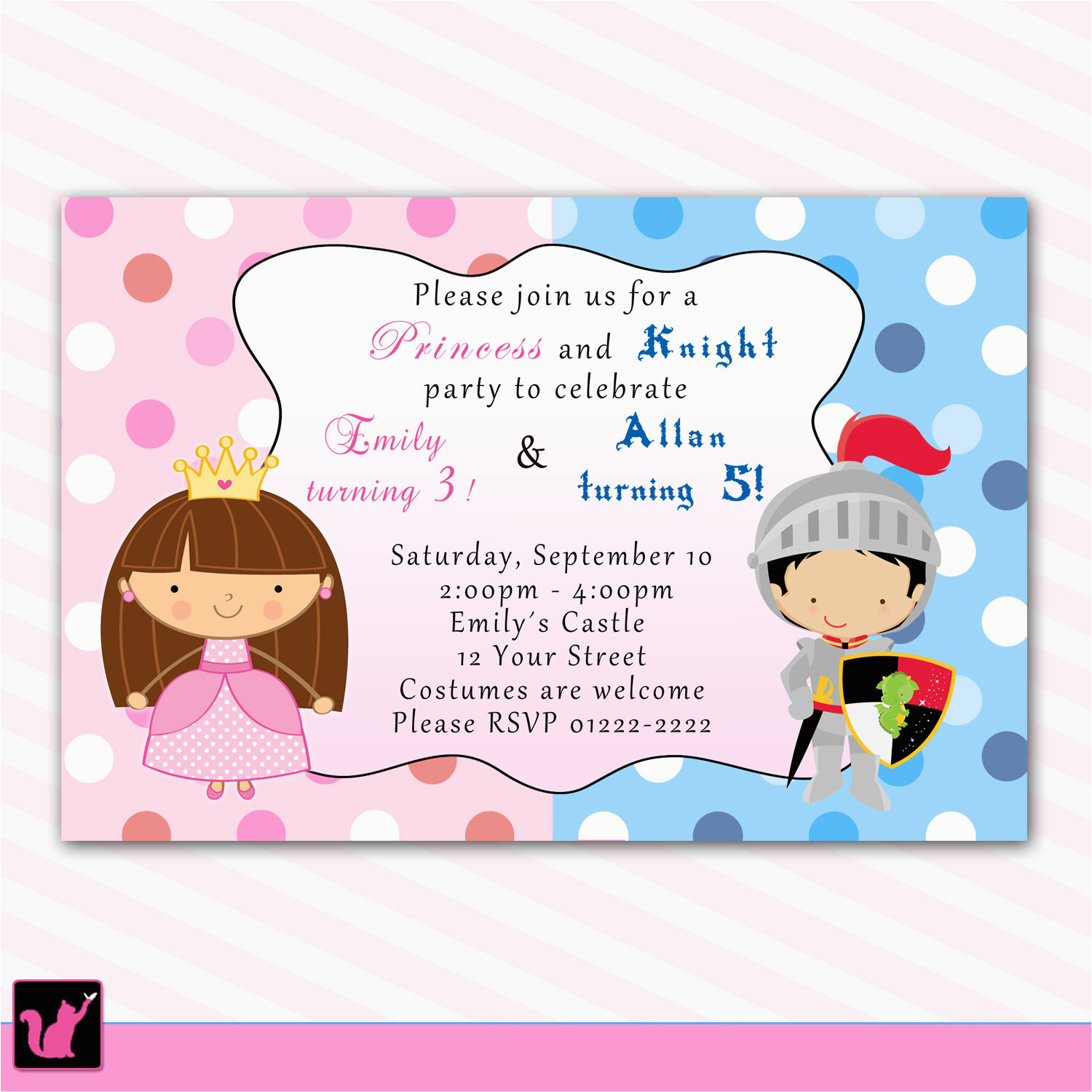 Birthday Invitations for Boy and Girl Princess Birthday Invitation Knight Polka Dots Siblings Boy