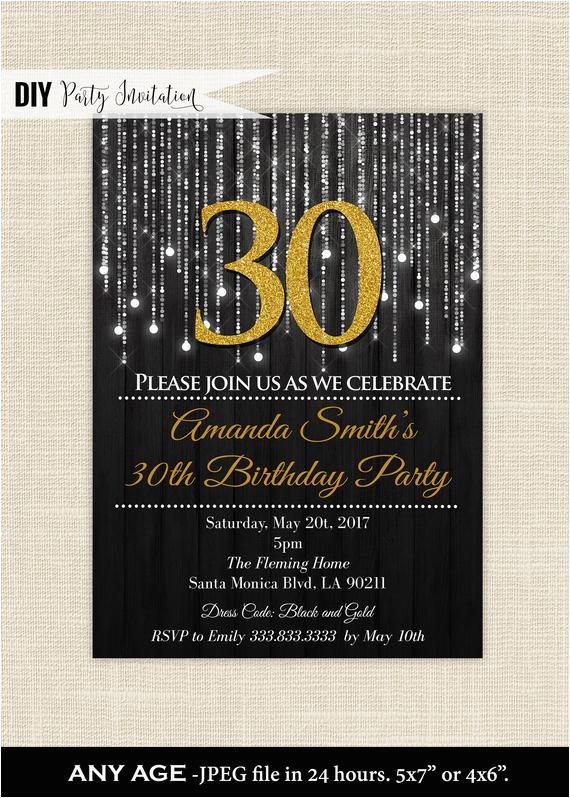 Black and Gold 30th Birthday Invitations Elegant 30th Birthday Party Gold and Black Glitter Lights