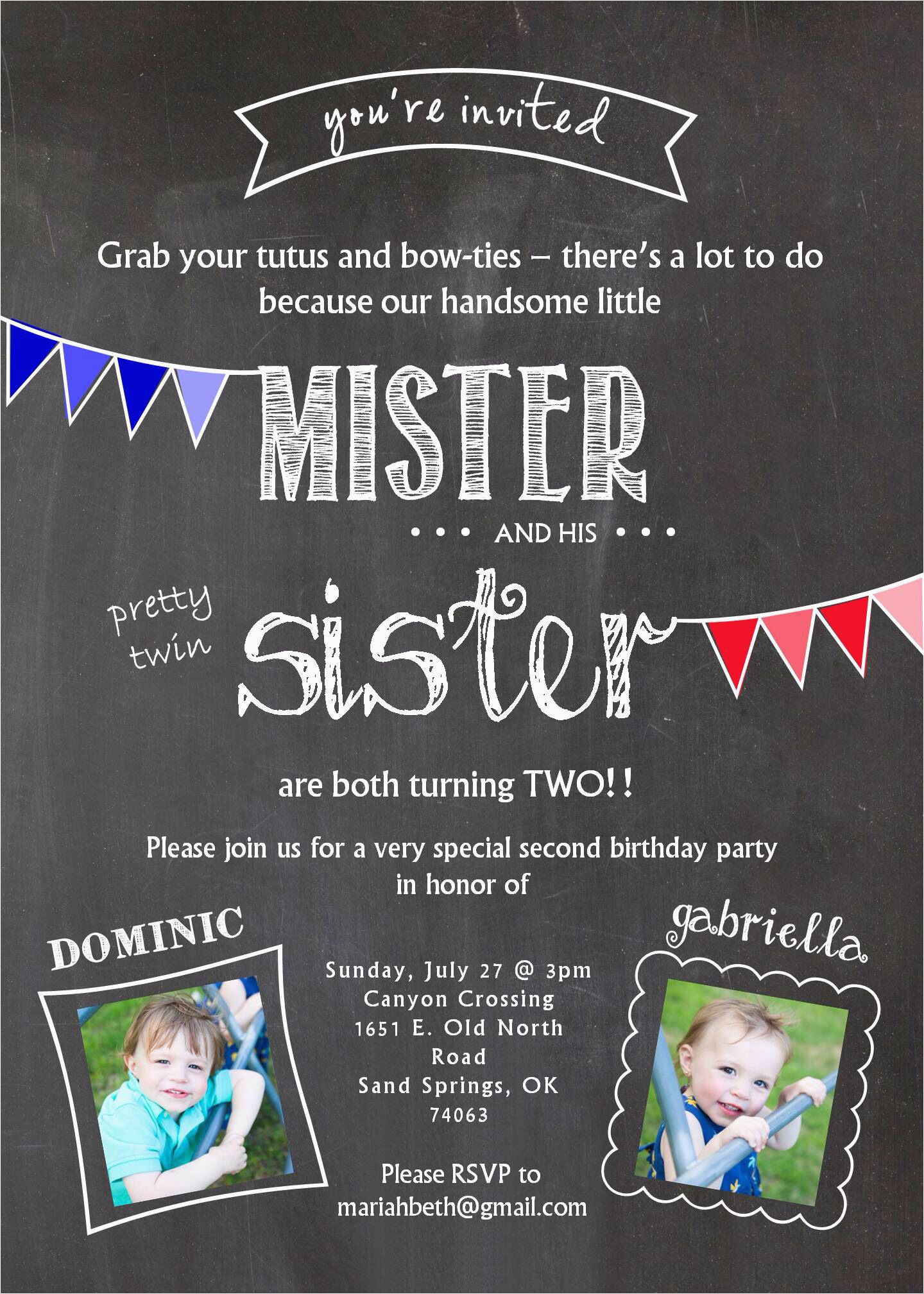 Boy Girl Twin Birthday Invitations Twin Birthday Invitation Two Years Old Boy Girl Twins