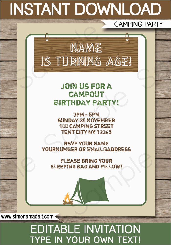 Camping themed Birthday Party Invitations Camping Party Invitations Template Birthday Party