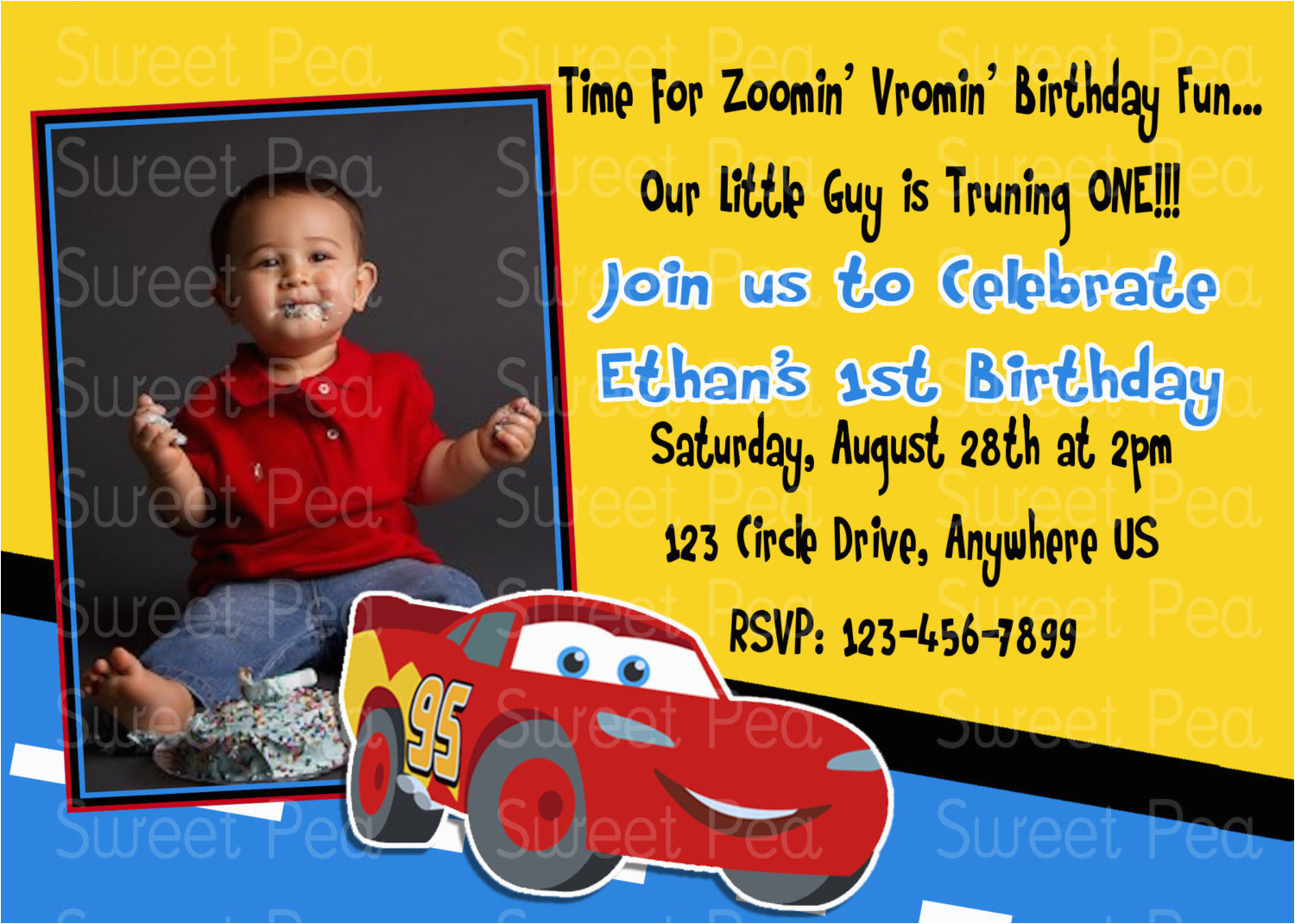 Cars 1st Birthday Invitations Disney Car 39 S 1st Birthday Invitation or Thank by