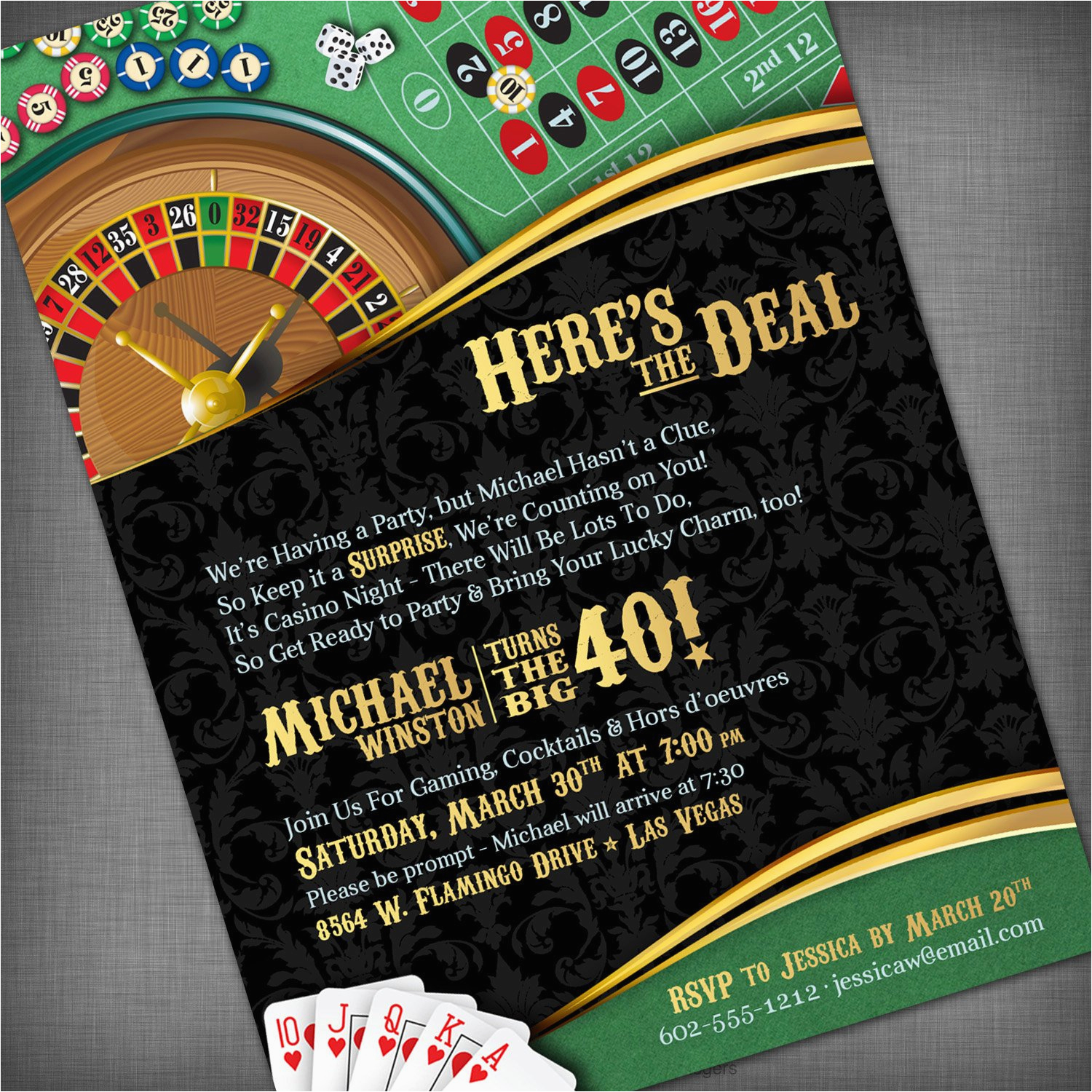 Casino themed Birthday Invitations Casino theme Invitation for Birthday Party Casino Game Night