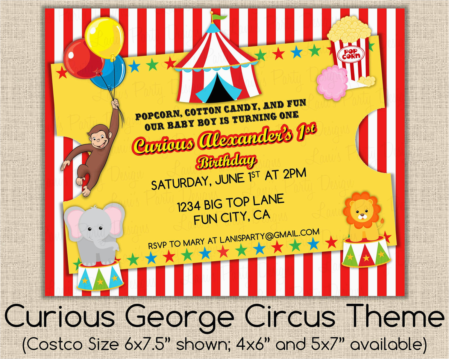 Circus themed 1st Birthday Invitations Curious George Invitation Birthday 1st First Circus theme