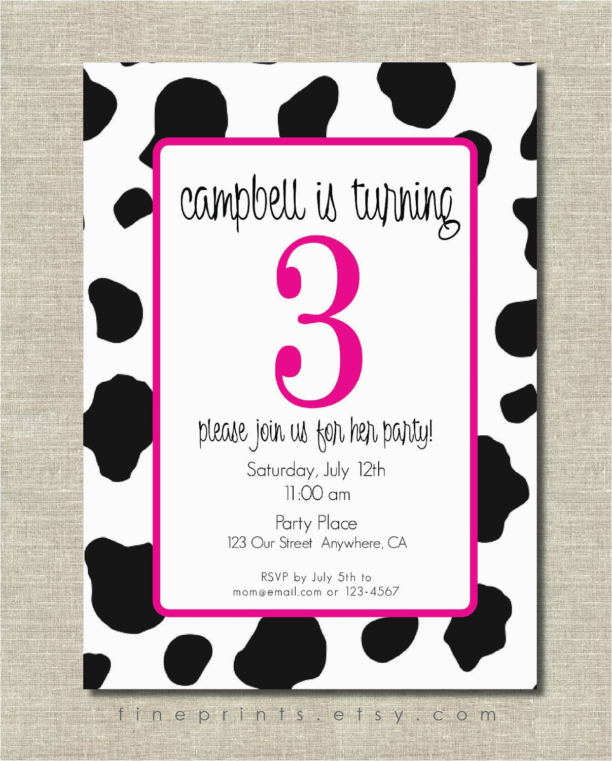 Cow Print Birthday Invitations Fun Pink Cow Print Birthday Party Invitation