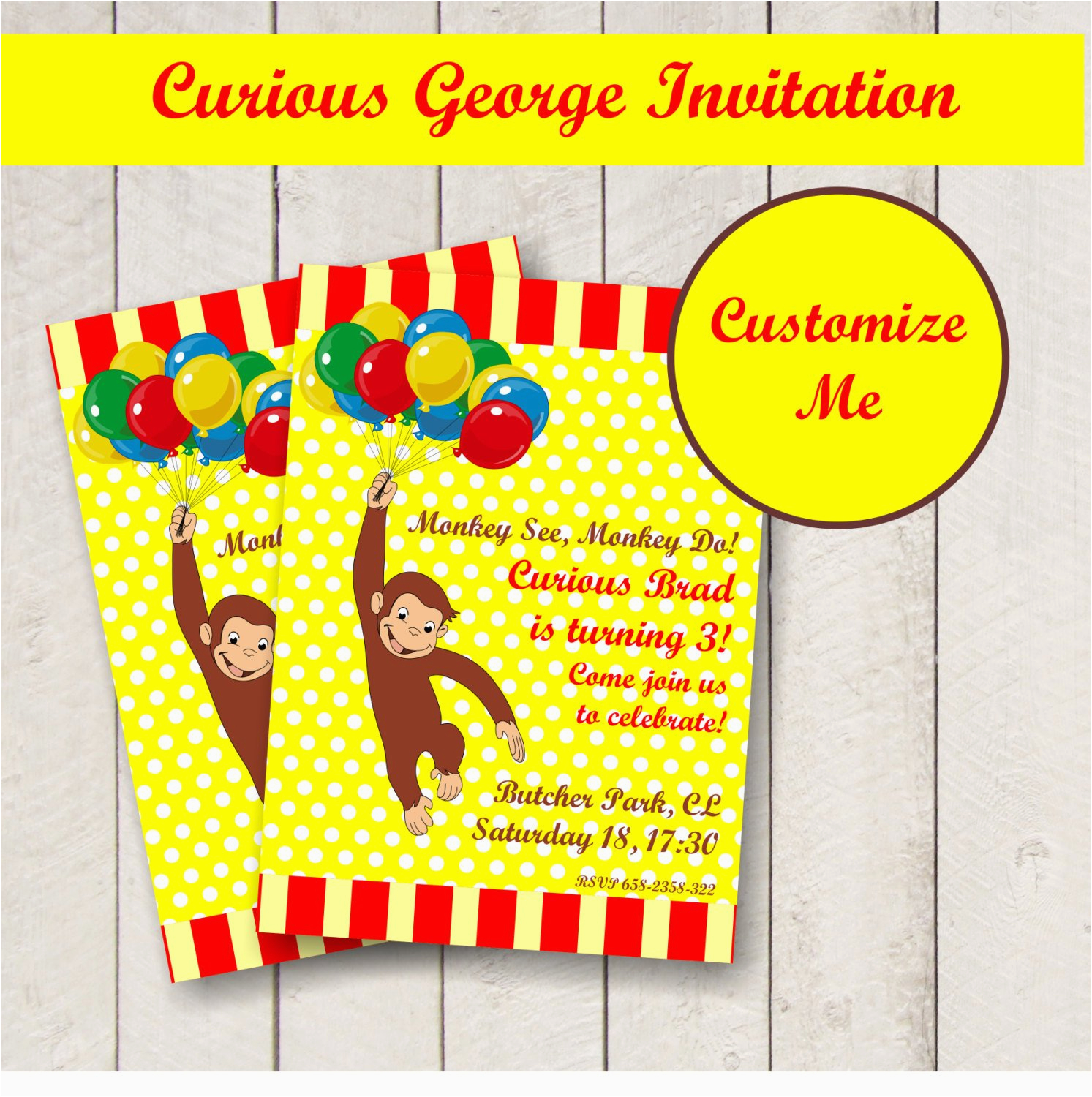 Curious George Birthday Invites Editable Curious George Party Invitation Personalized