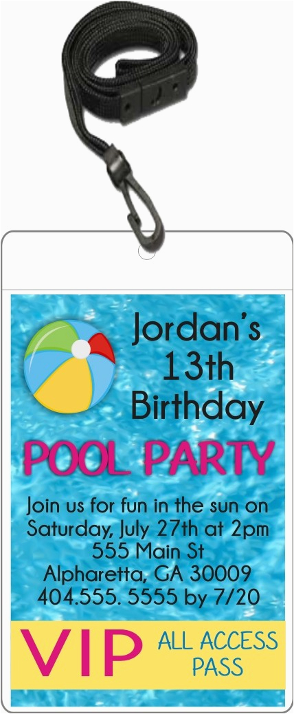 Custom Vip Pass Birthday Invitations Pool Party Vip Pass Invitation with Lanyard Custom Colors