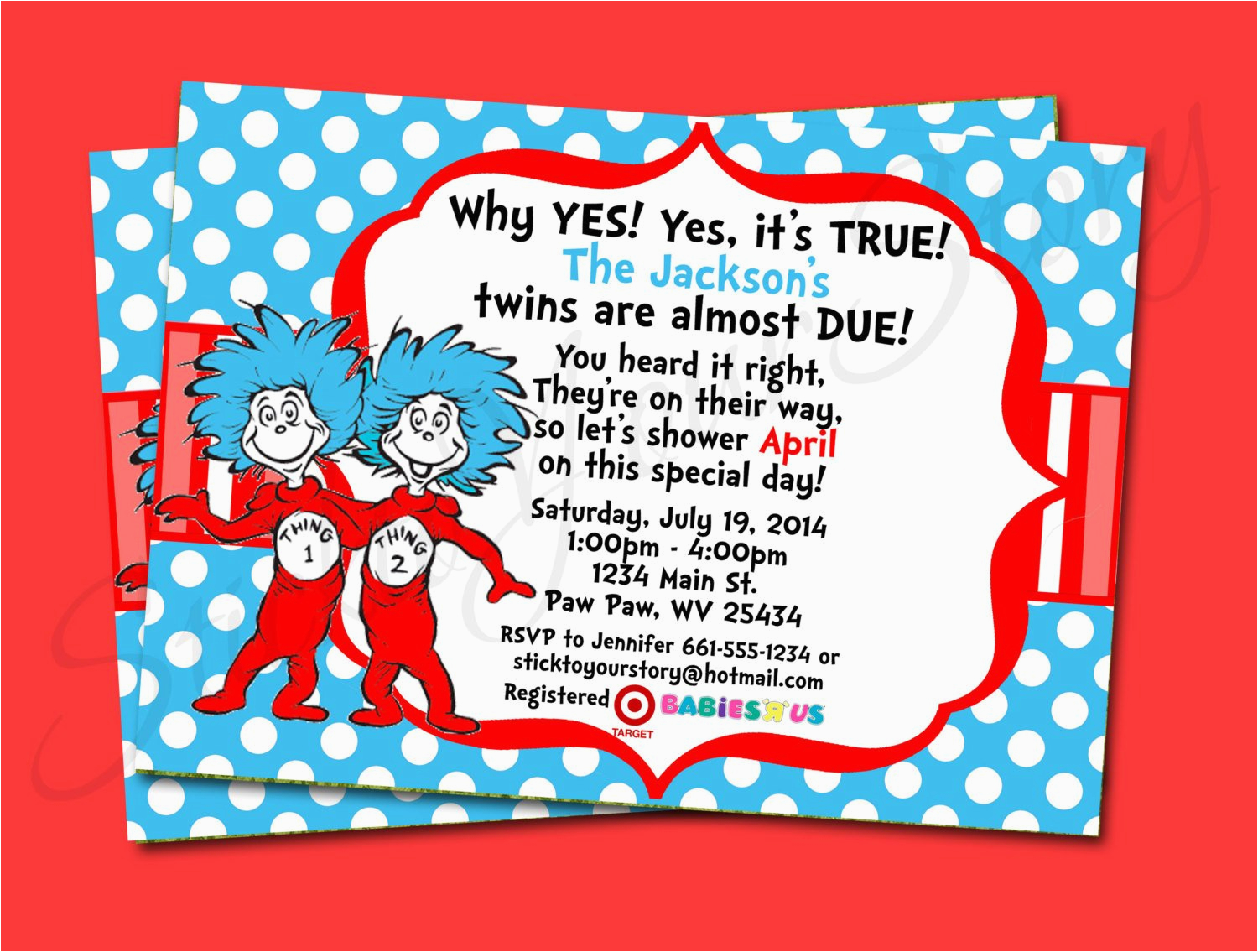 Dr Seuss Twin Birthday Invitations Dr Seuss Thing 1 Thing 2 Twin Invitation Baby by