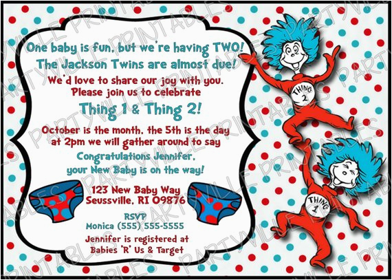 Dr Seuss Twin Birthday Invitations Printable Dr Seuss Baby Shower Invitations for One Baby Dr Seuss Twin Birthday Invitations Printable Dr Seuss Baby Shower Invitations for One Baby