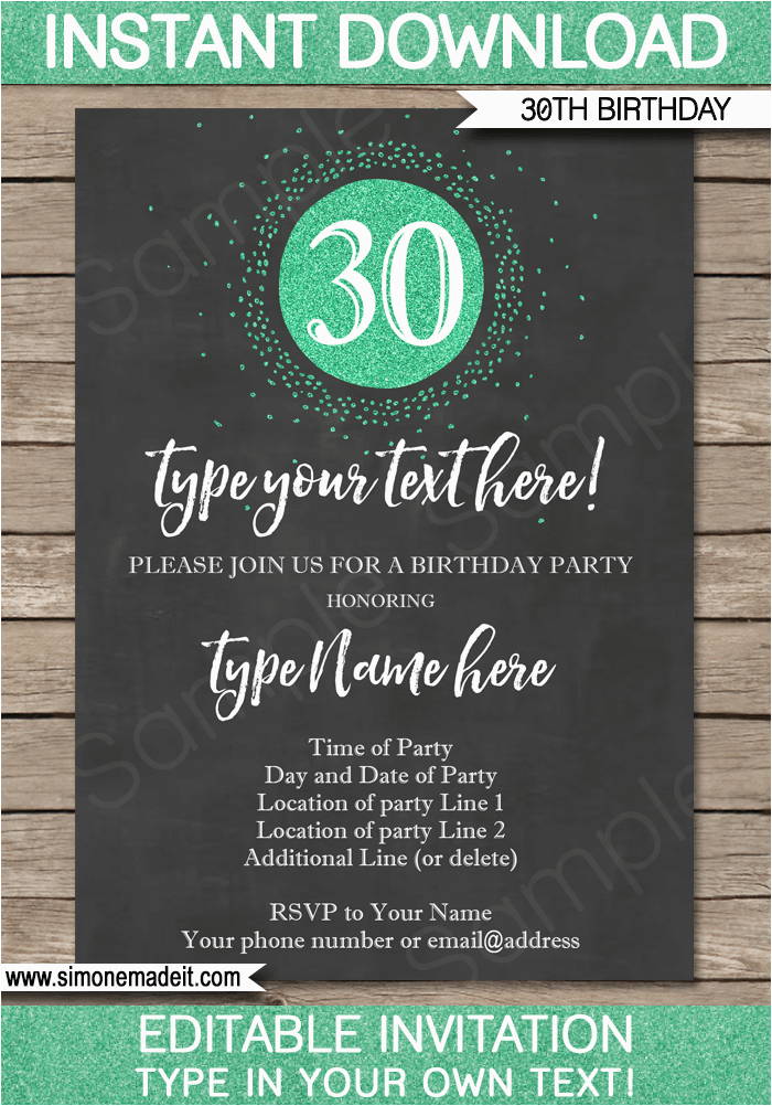 Editable 30th Birthday Invitations 30th Birthday Invitation Template Chalkboard Green Glitter