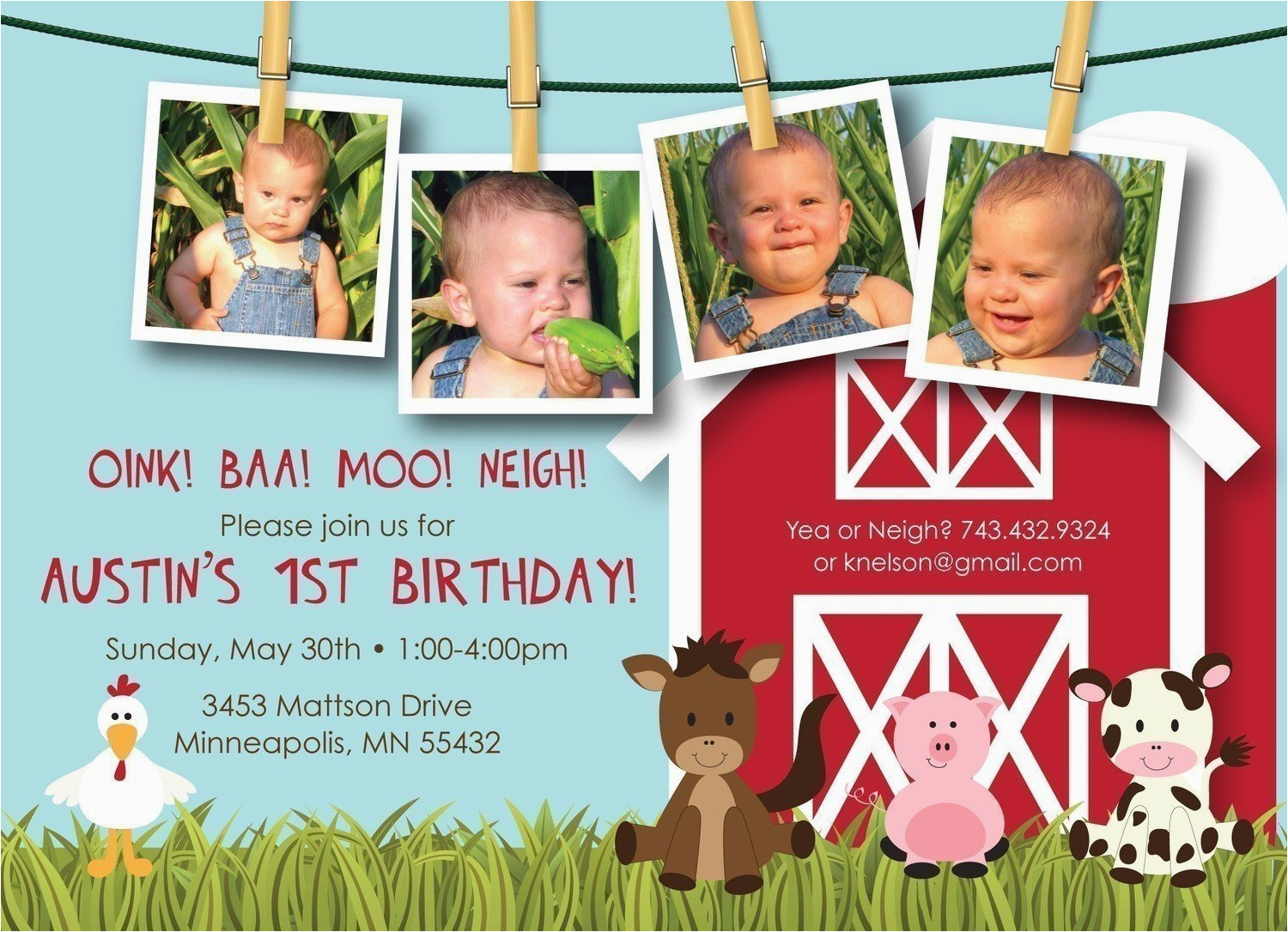 Farm First Birthday Invitations Farm Friends First Birthday Custom Photo Birthday Invitation