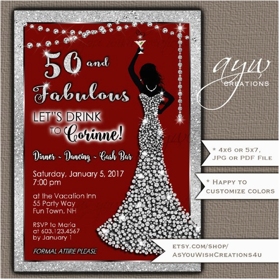Female 50th Birthday Invitations 50th Birthday Party Invitations Woman Bling Dress Fifty Female 50th Birthday Invitations 50th Birthday Party Invitations Woman Bling Dress Fifty