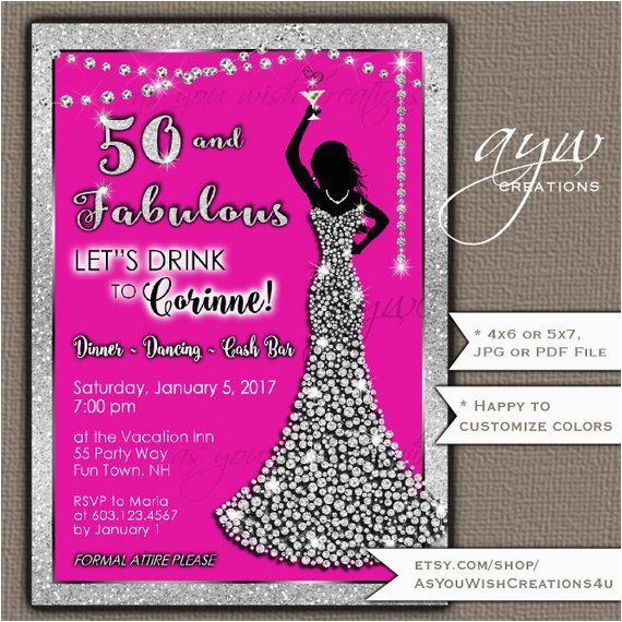 Female 50th Birthday Invitations 50th Birthday Party Invitations Woman Bling Dress Fifty Female 50th Birthday Invitations 50th Birthday Party Invitations Woman Bling Dress Fifty