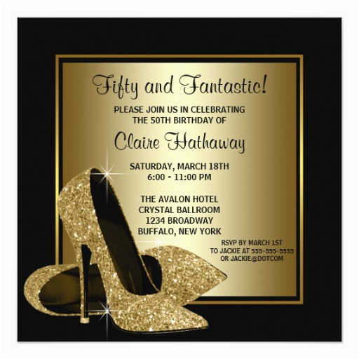 Female 50th Birthday Invitations Black Gold High Heels Womans Birthday Party Invitation Female 50th Birthday Invitations Black Gold High Heels Womans Birthday Party Invitation