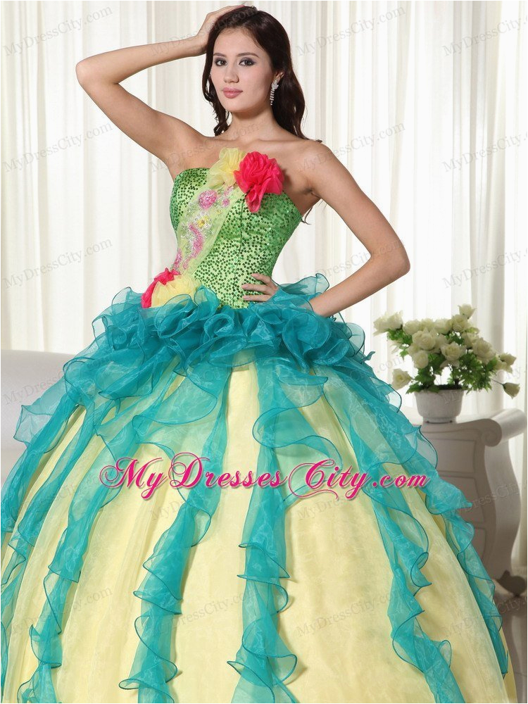 Fifteen Birthday Dresses Colorful Strapless Flowers Sequined Sweet 15 16 Birthday