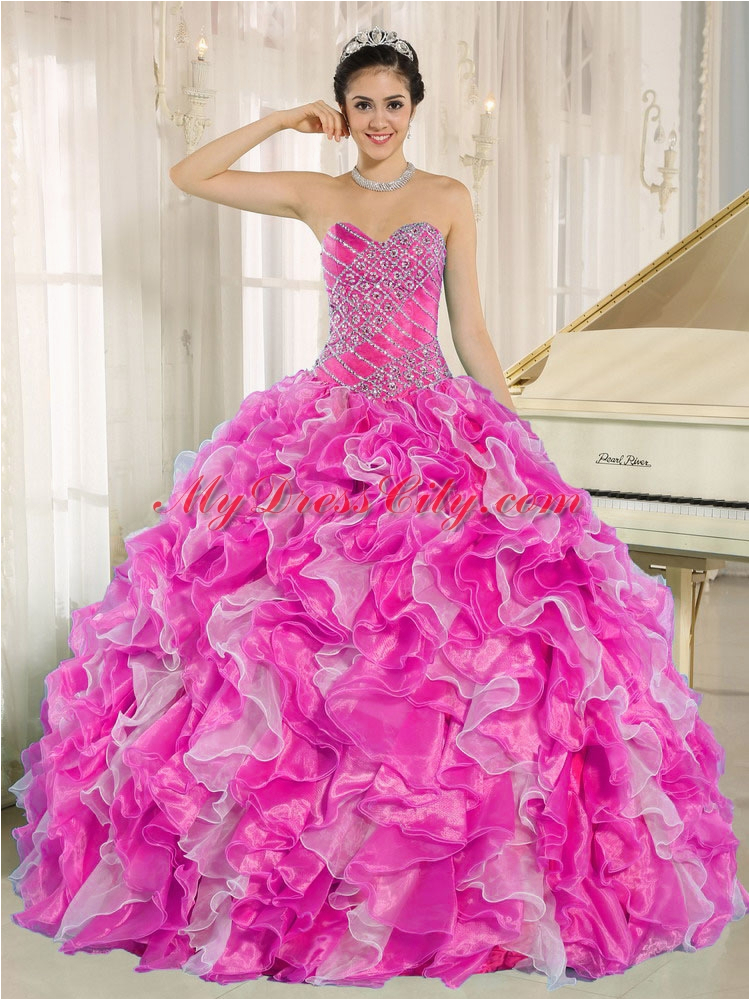 Fifteen Birthday Dresses Hot Pink Beaded and Ruffles Elegant Quinceanera Dresses
