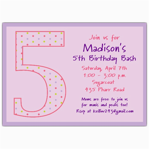 Fifth Birthday Party Invitation Wording 5th Birthday Girl Dots Birthday Invitations Paperstyle