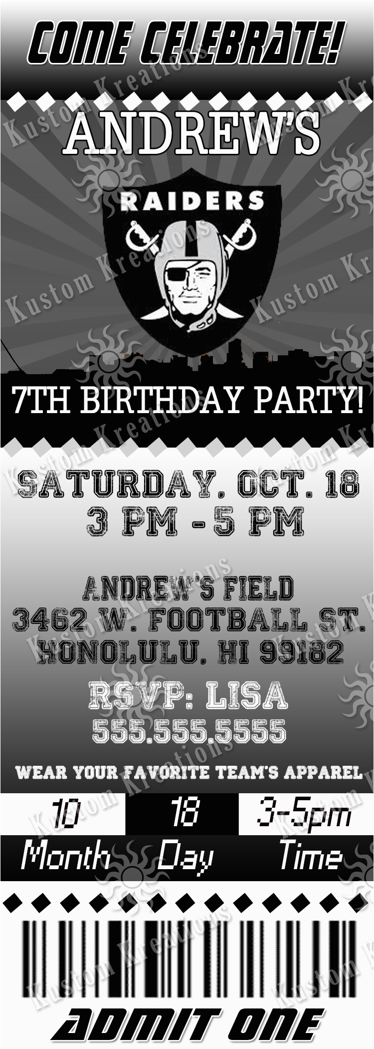 Free Oakland Raiders Birthday Card Nfl Oakland Raiders Birthday Invitation Kustom Kreations