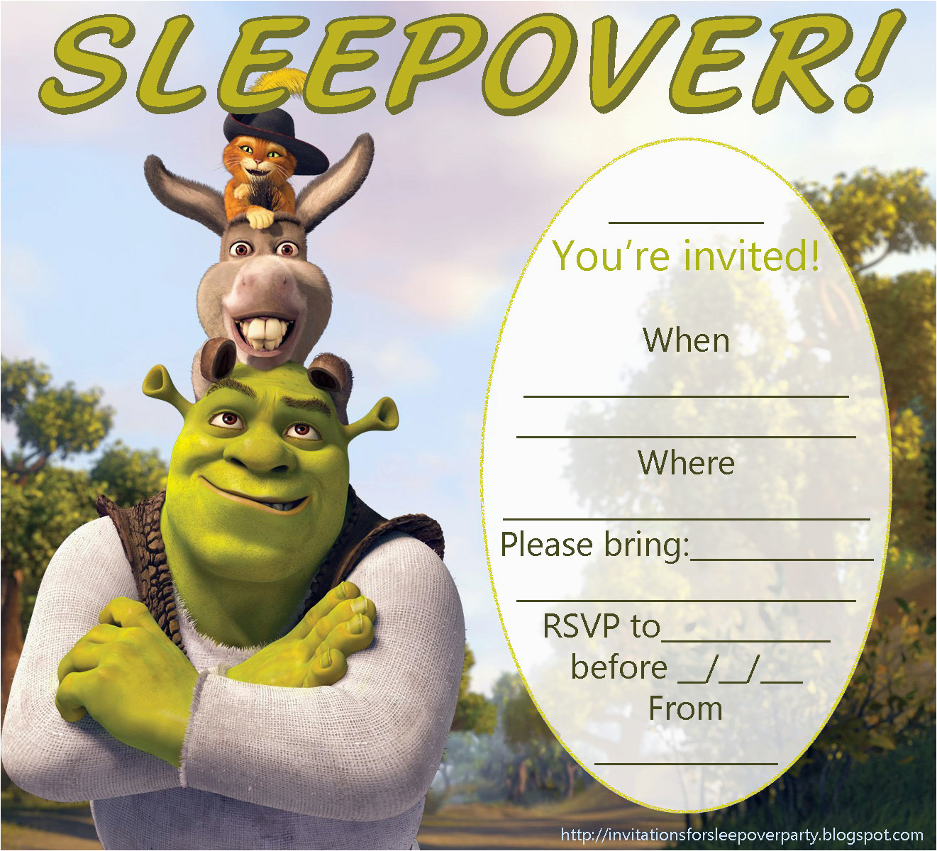 Free Printable Shrek Birthday Invitations Invitations for Sleepover Party
