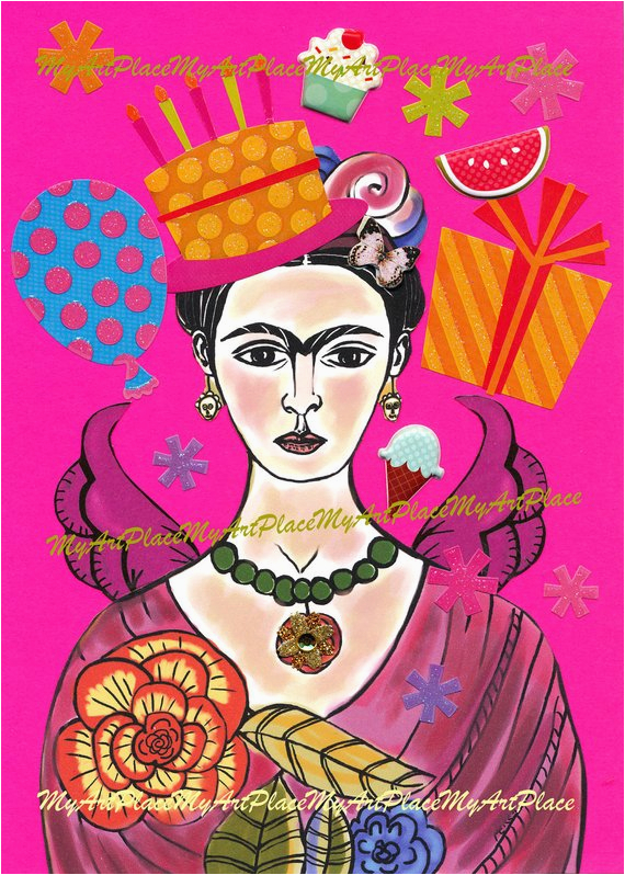 Frida Kahlo Birthday Card Frida Kahlo Art original Collage Frida Celebrates by