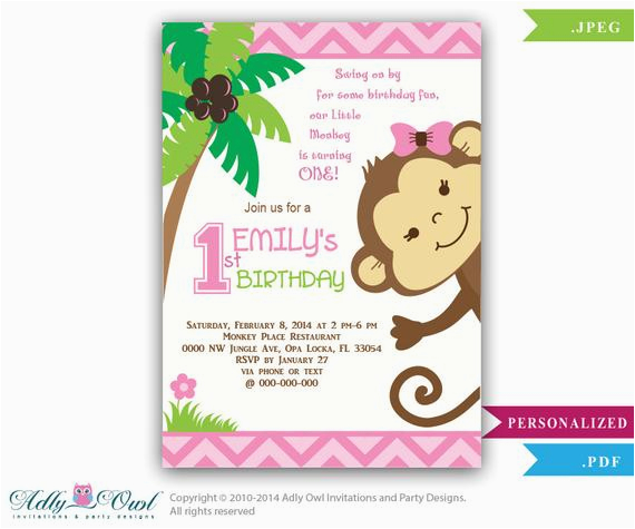 Girl Monkey Birthday Invitations Girl Monkey Birthday Invitation Jungle Girl First Birthday