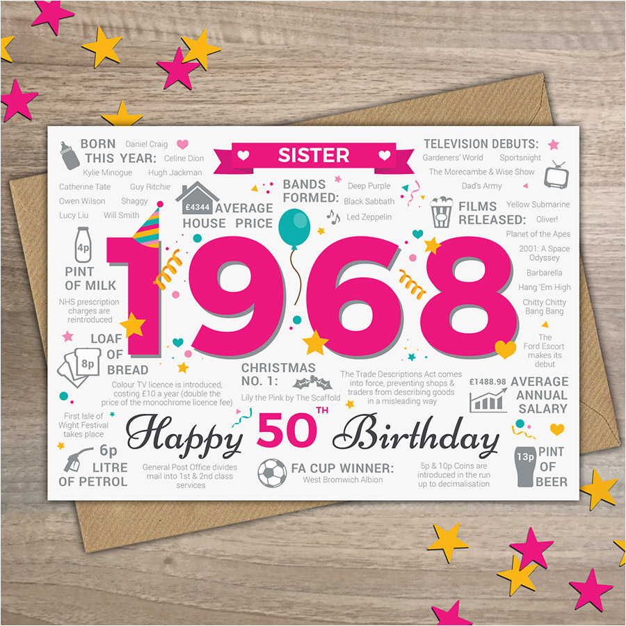 Happy 50th Birthday Sister Card 1968 Sister Happy 50th Birthday Card