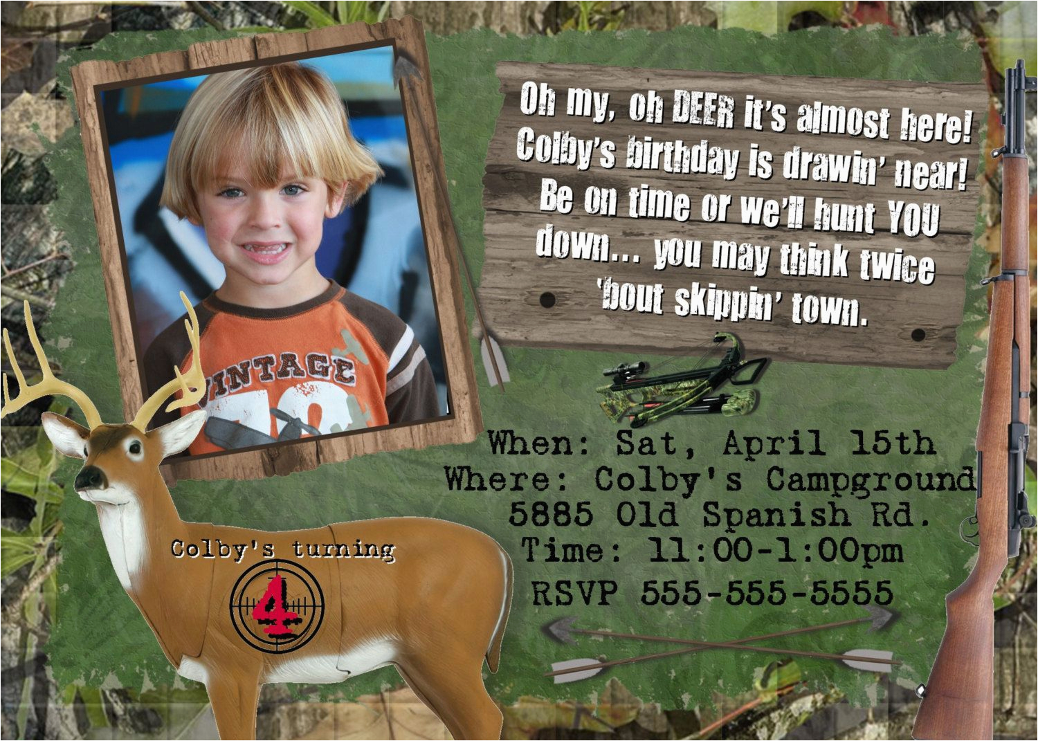 Hunting themed Birthday Invitations Hunting Birthday Party Photo Invitation Boys theme Camo