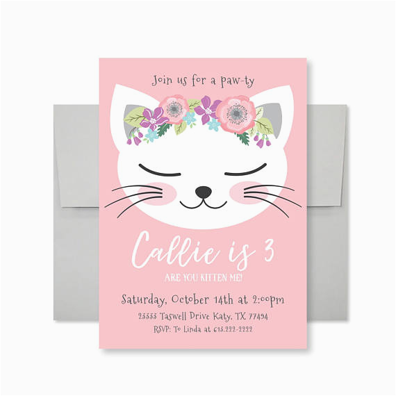 Kitten Birthday Party Invitations Cat Birthday Party Invitation Kitten Cat Birthday Girl