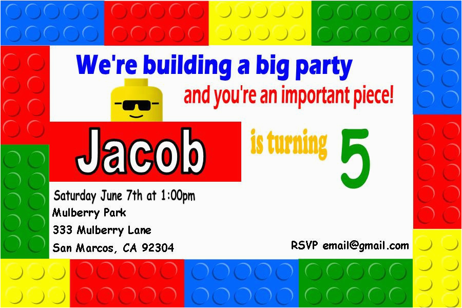 Lego themed Birthday Invitation Card Lego Birthday Invitation Lego Birthday Invitation for the