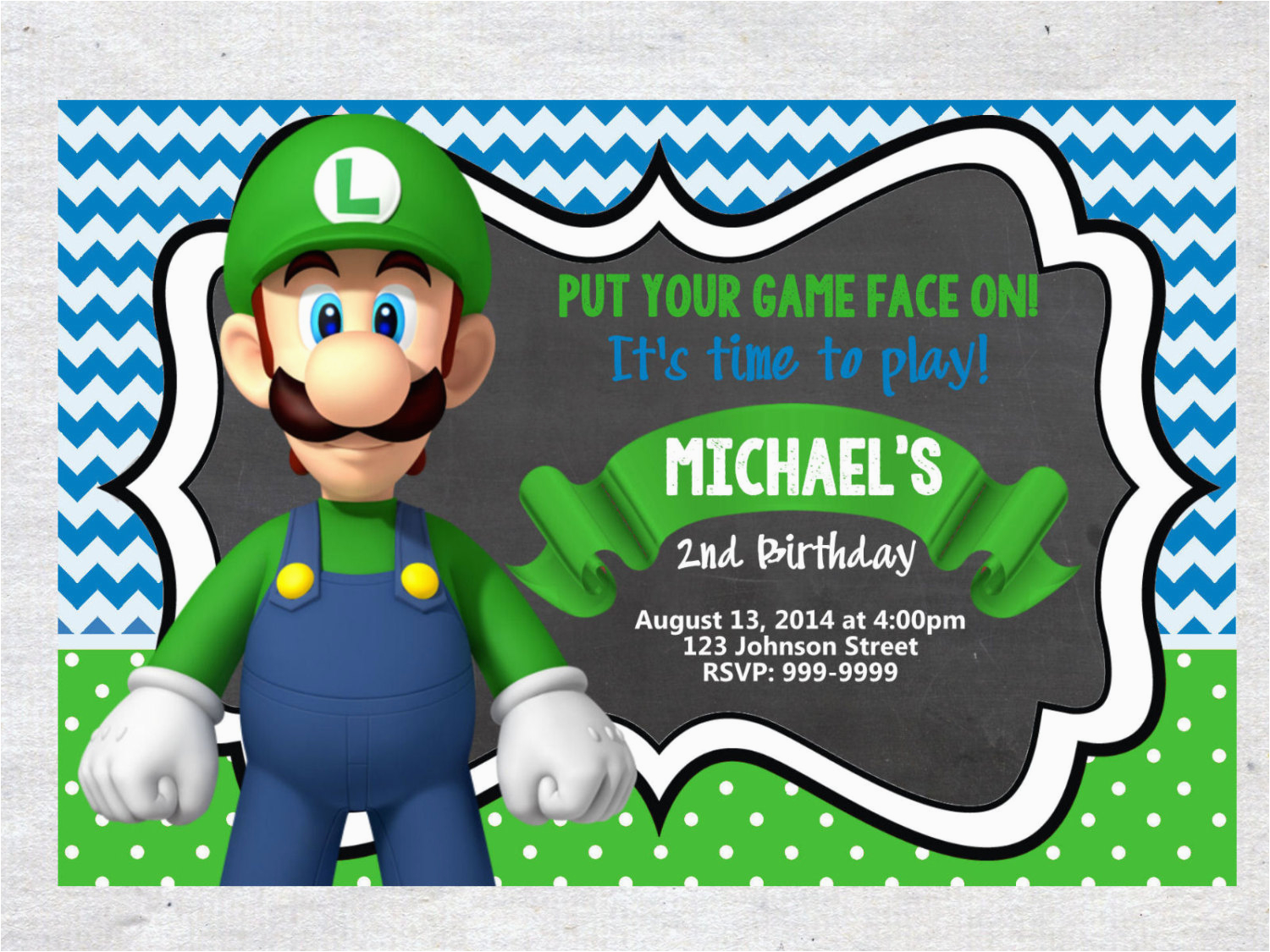 Luigi Birthday Invitations Luigi Birthday Invitation Chalkboard Chevron Pattern Luigi