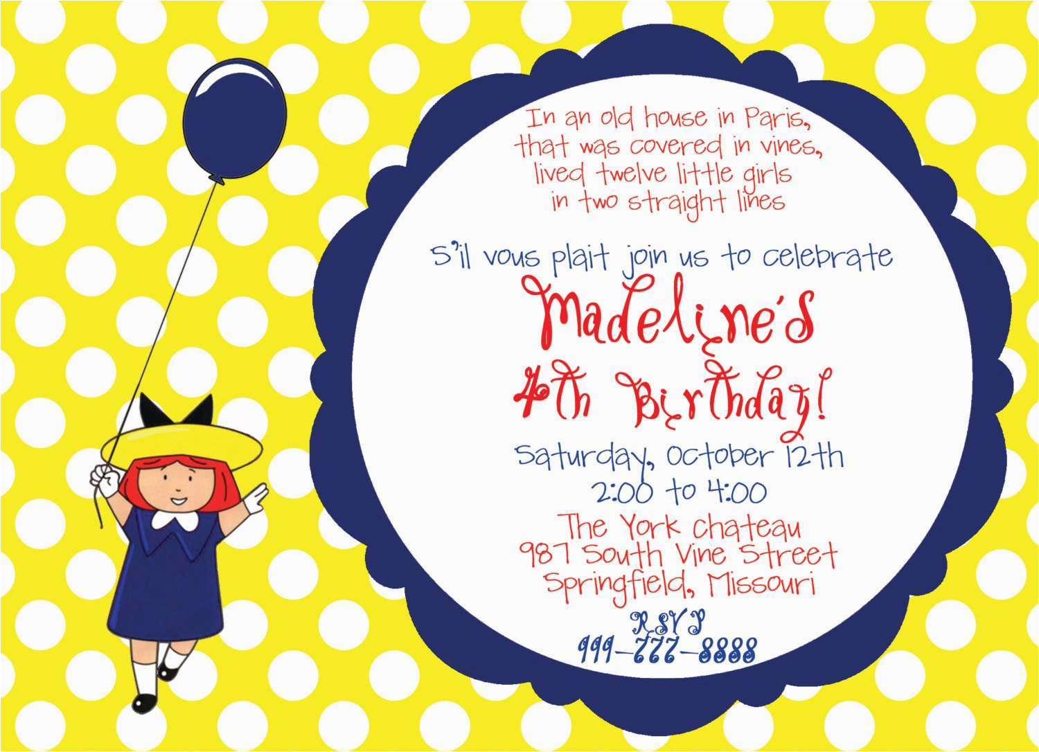 Madeline Birthday Party Invitations Madeline Birthday Party Invitation