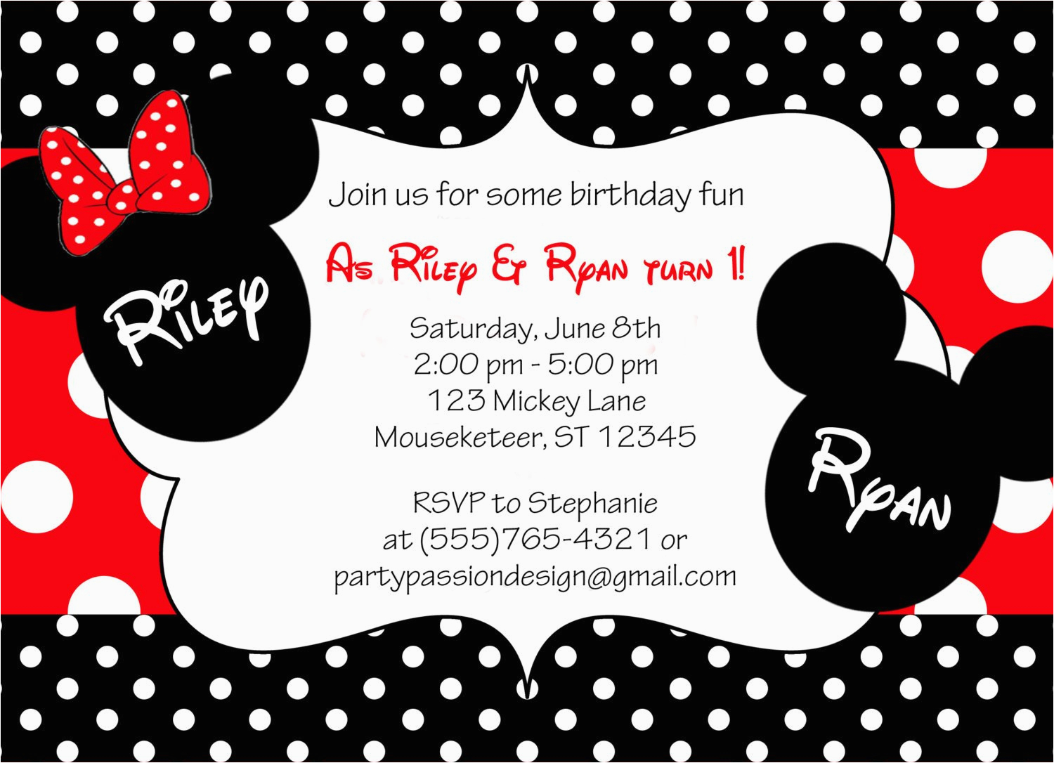 Mickey and Minnie Twin Birthday Invitations Mickey and Minnie Twin Birthday Invitation by