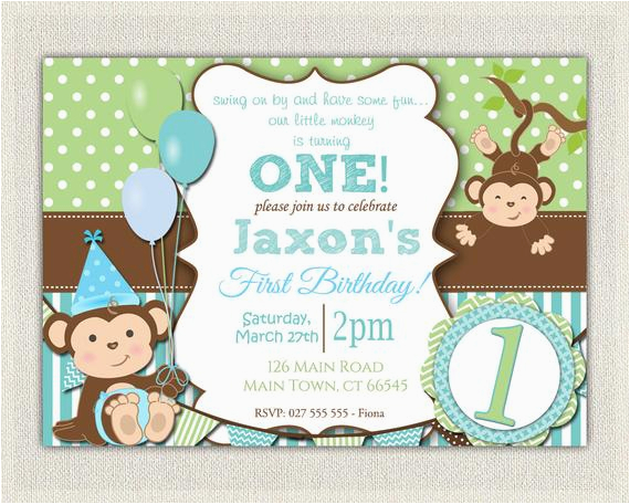 Monkey 1st Birthday Invitations Boys Blue and Green Monkey 1st Birthday Invitation