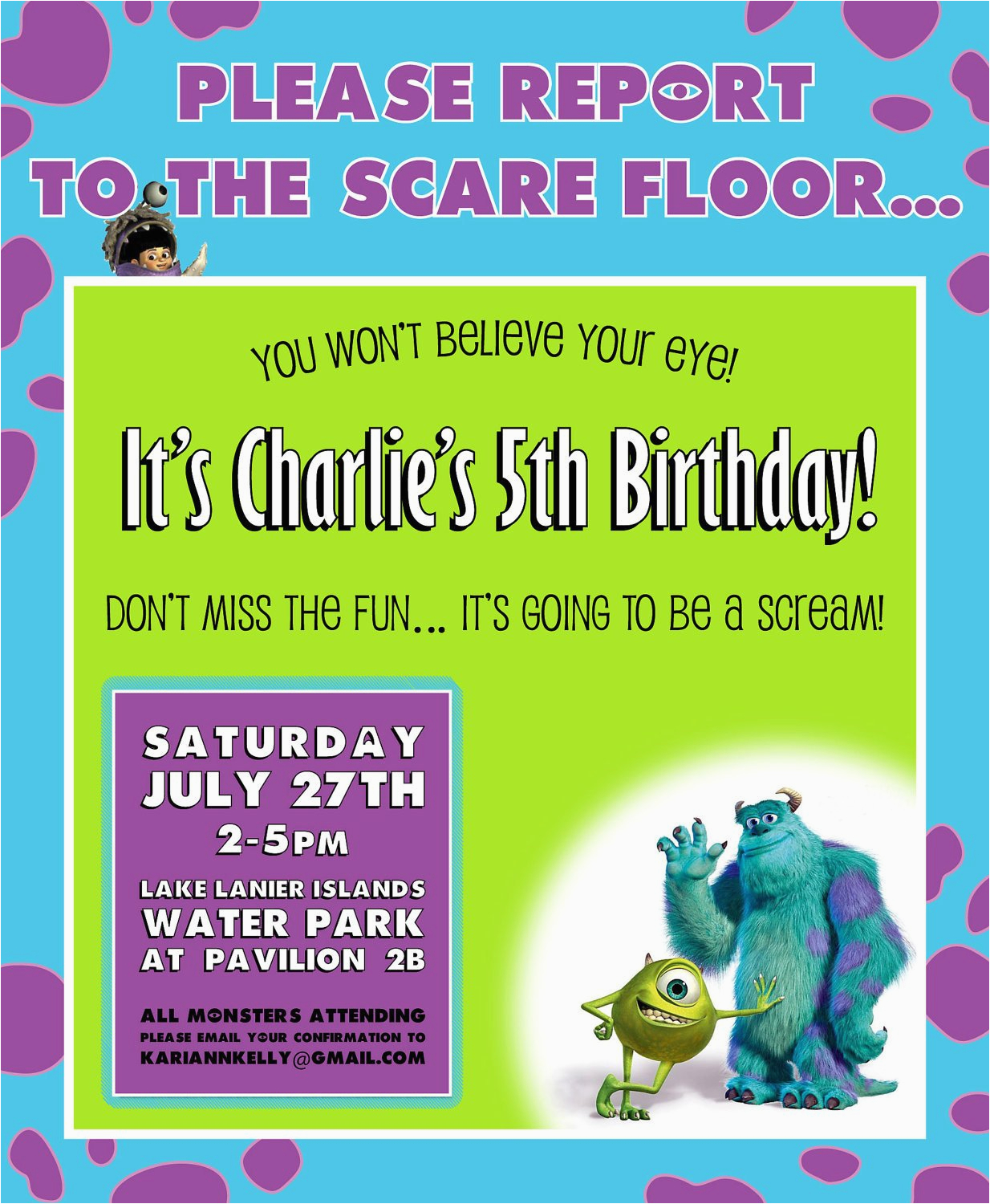 Monsters Inc Birthday Invites Monsters Inc Birthday Invitation Design by Kariannkelly