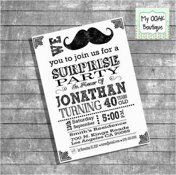 Moustache Birthday Invitations Mustache Bash Birthday Invitation Surprise Party Adult Invite