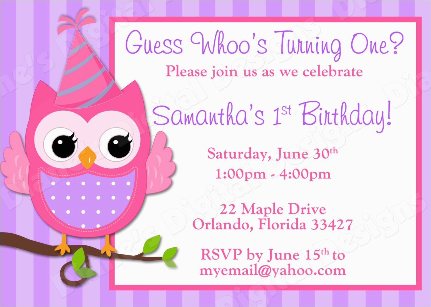 Owl Birthday Invitations Girl Children 39 S Owl Birthday Invitation Girl Design 3