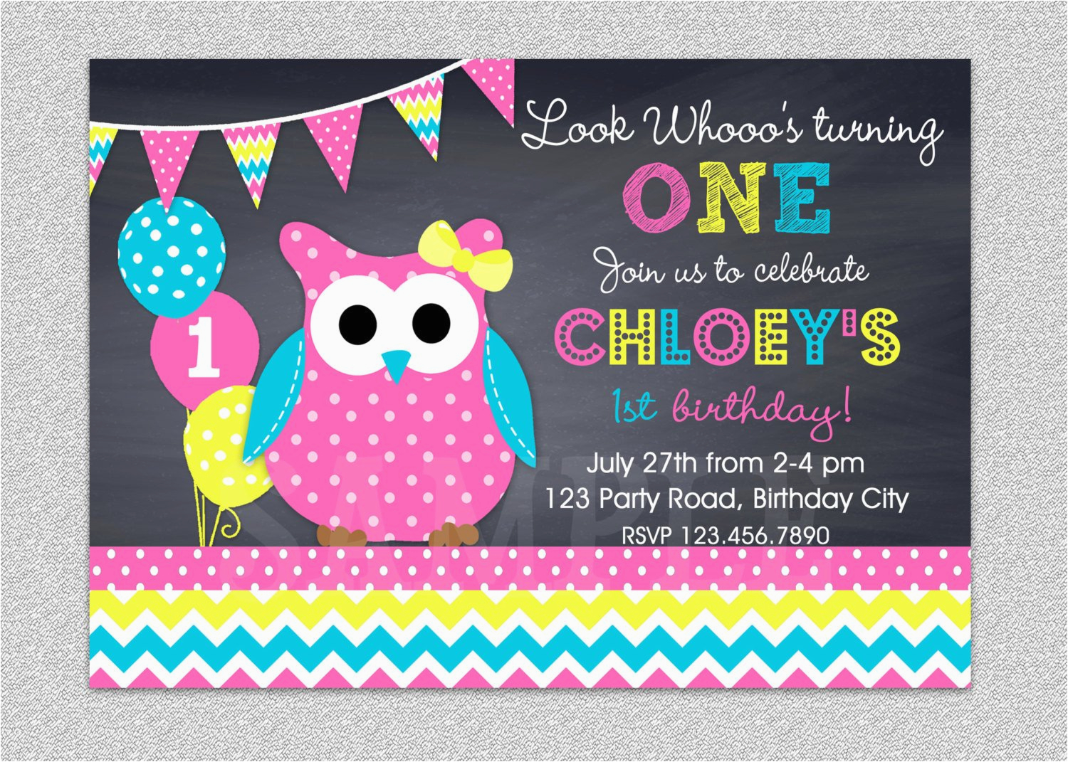 Owl themed First Birthday Invitations Owl Birthday Invitation Chevron Owl Birthday Party Invitation