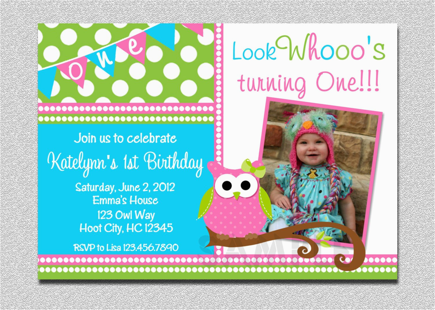 Owl themed First Birthday Invitations Owl Birthday Invitation Pink and Green Owl Birthday Party