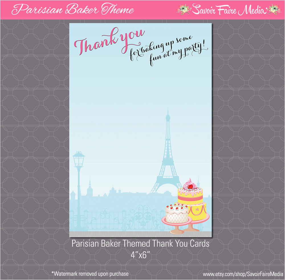 Paris themed Birthday Cards Paris Bakery themed Party Thank You Card French Birthday