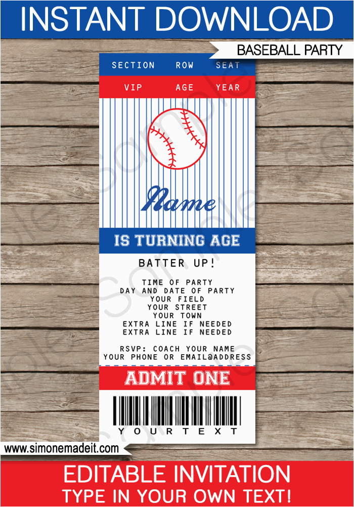 Printable Baseball Ticket Birthday Invitations Baseball Ticket Invitation Template Baseball Invitations